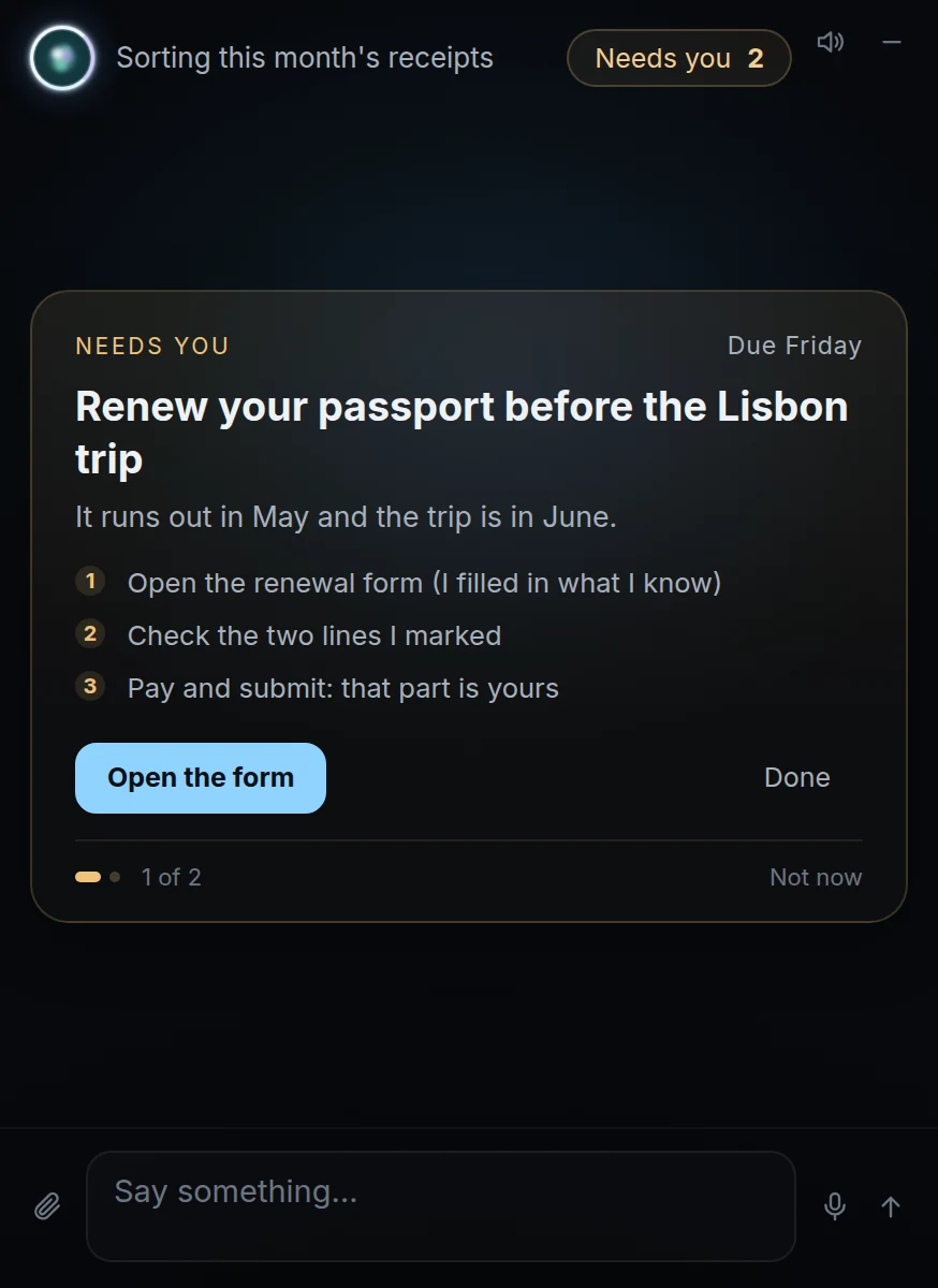 The widget showing the one thing that needs the person: a title, a reason, three steps and one button. Demo content.