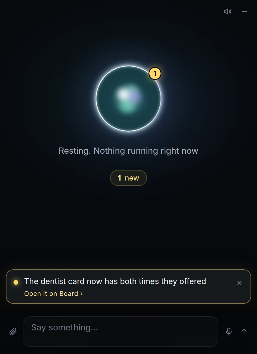 The widget with a count of one on the ring and a small pop at the bottom that opens the changed card. Demo content.