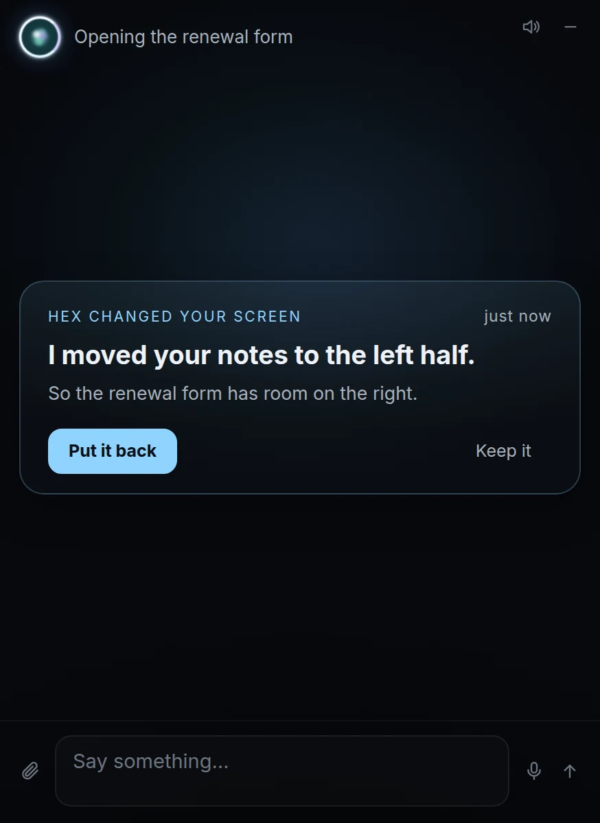 A card titled Hex changed your screen, with a Put it back button. Demo content.