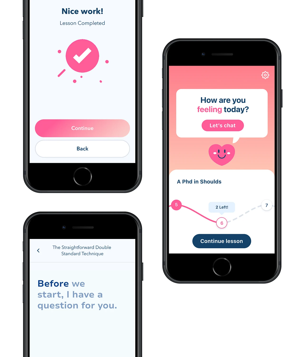 Three screens of the Feeling Good app on phones, arranged in two staggered columns. On the right, the home screen: “How are you feeling today?” with a Let's chat button, and the course “A PhD in Shoulds” with its lesson path and a Continue lesson button. Bottom left, a lesson titled “The Straightforward Double Standard Technique” that begins “Before we start, I have a question for you.” Top left, the screen after a lesson: “Nice work! Lesson Completed”, a pink checkmark, and Continue and Back buttons.