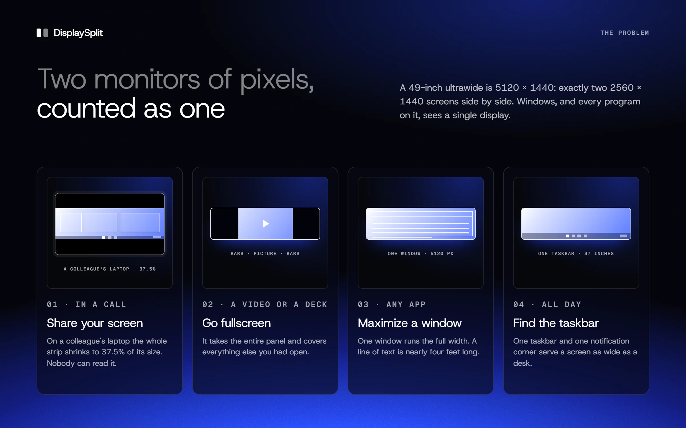 Four moments an ultrawide gets wrong. In a call, share your screen: on a colleague's laptop the whole strip shrinks to 37.5 percent of its size. A video or a deck, go fullscreen: it takes the entire panel and covers everything else. Any app, maximize a window: one window runs the full 5120 pixels. All day, find the taskbar: one taskbar and one notification corner serve a screen 47 inches wide.