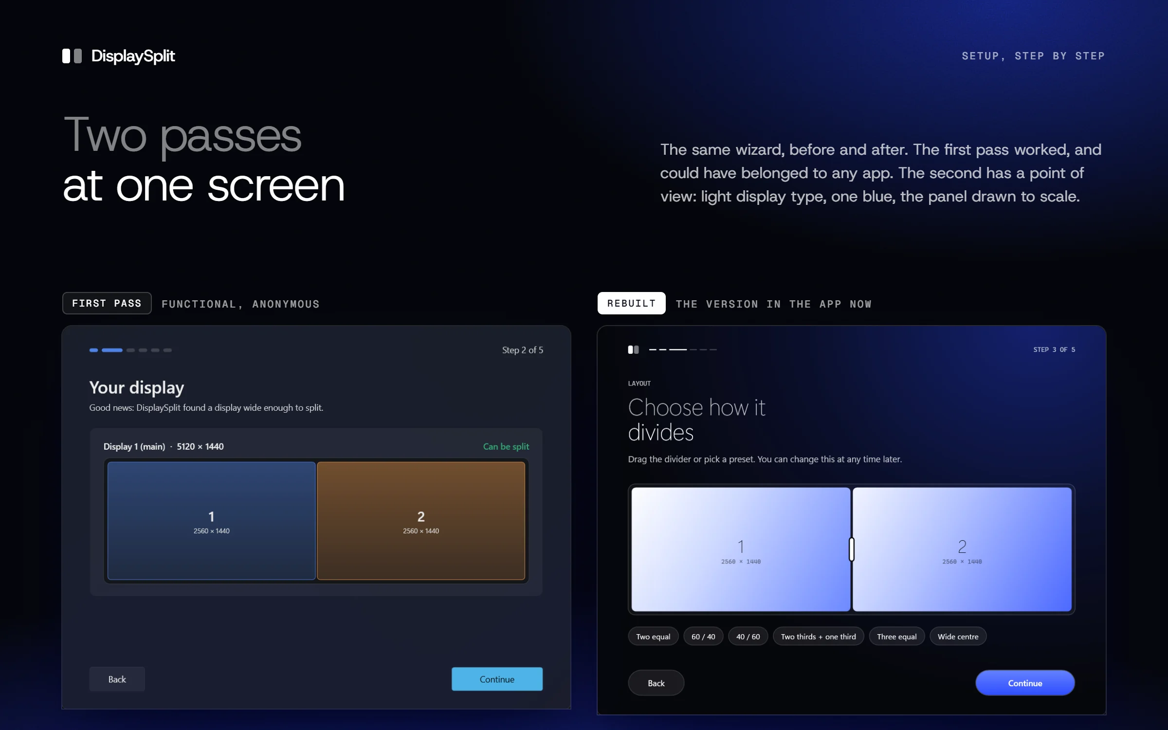 The setup wizard before and after. First pass: a grey window titled Your display, with a navy and a brown rectangle for the two screens and a flat blue Continue button. Rebuilt: a dark window with a blue glow titled Choose how it divides, the two screens drawn as pale blue panels around a divider, preset chips underneath and a rounded Continue button.