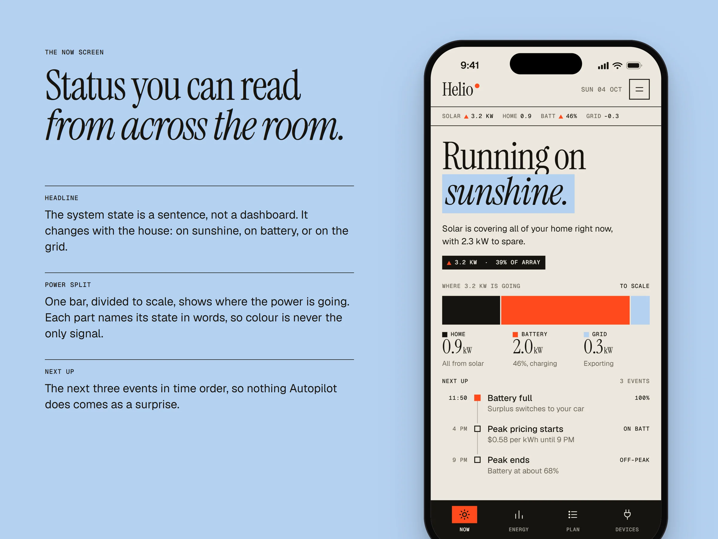 Helio Now screen: Running on sunshine headline, one bar split to scale across home, battery and grid, and the next three events.