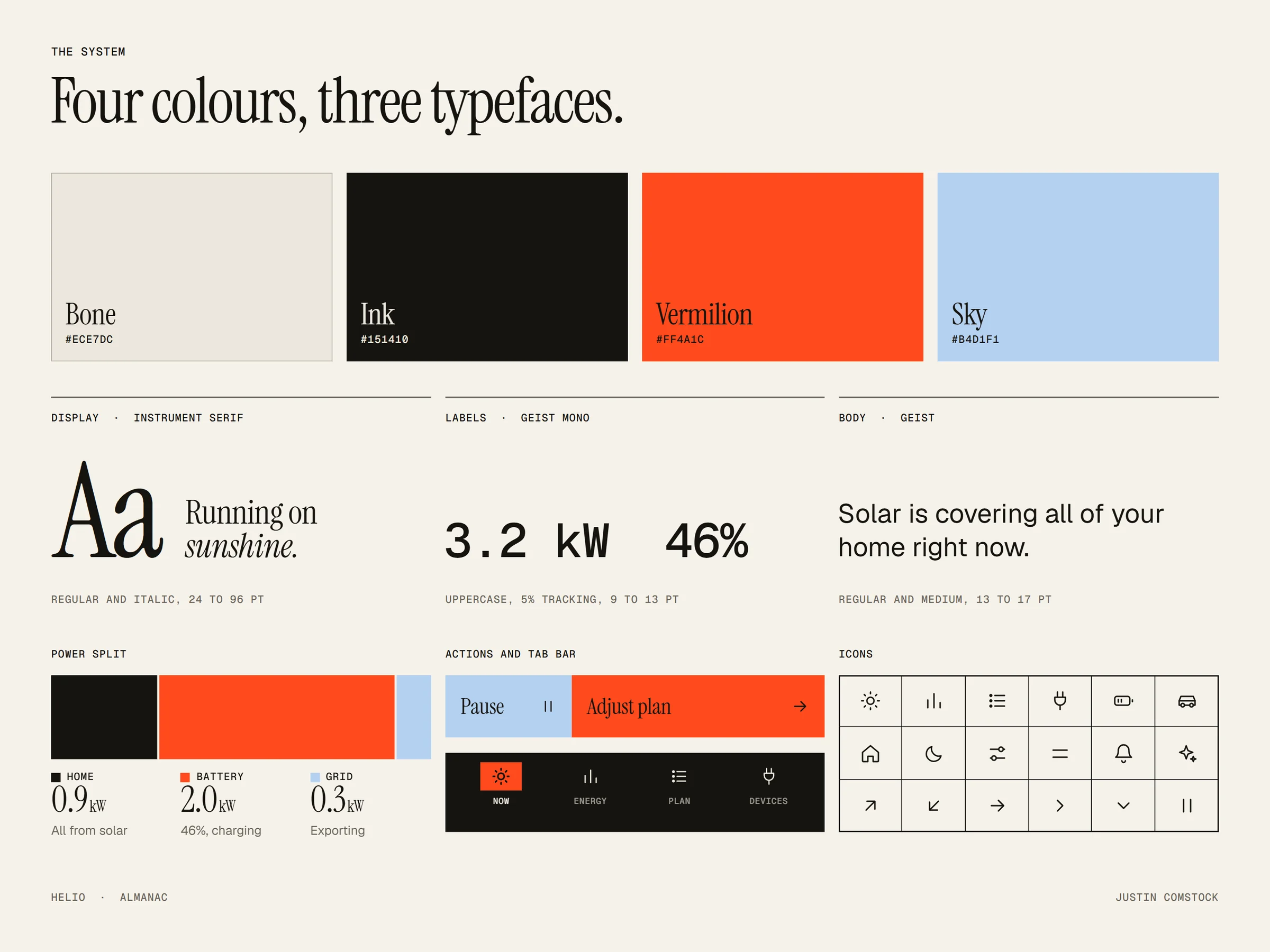 Helio style guide: four colours (Bone, Ink, Vermilion, Sky), three typefaces, the power split bar, action buttons and icon set.