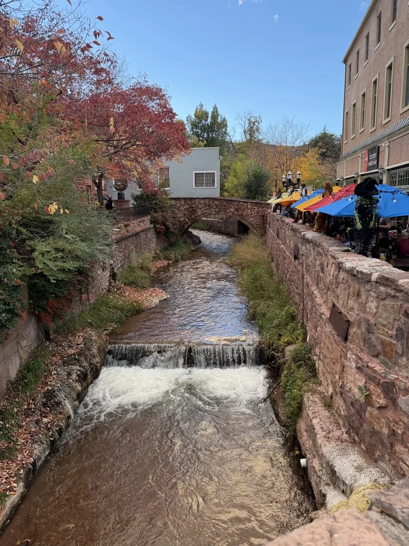 A creek running through a mountain town in autumn